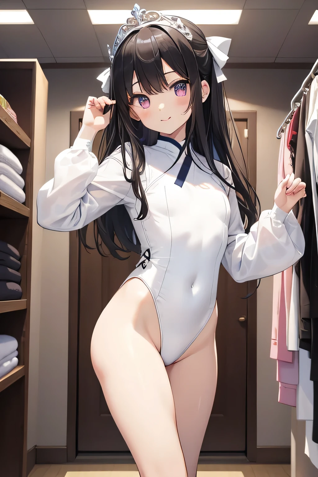 highest quality、Highest quality、Beautiful eyes、Very delicate and beautiful、Beautiful eyes、Pink Eyes、Soio、Soio、-yeld giJapanese、、Chiquita、Noble、Primary sir、barefoot、(Judo)、(((White leotard)))、(High leg)、Tiara on head、smile、Standing, facing forward、The background is the changing room