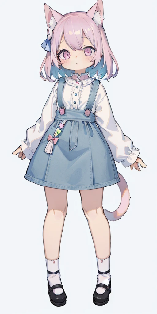 cat, full body, 1 girl, (pastel color: 1.5), (cute illustration: 1.5), (watercolor: 1.2), white background background,