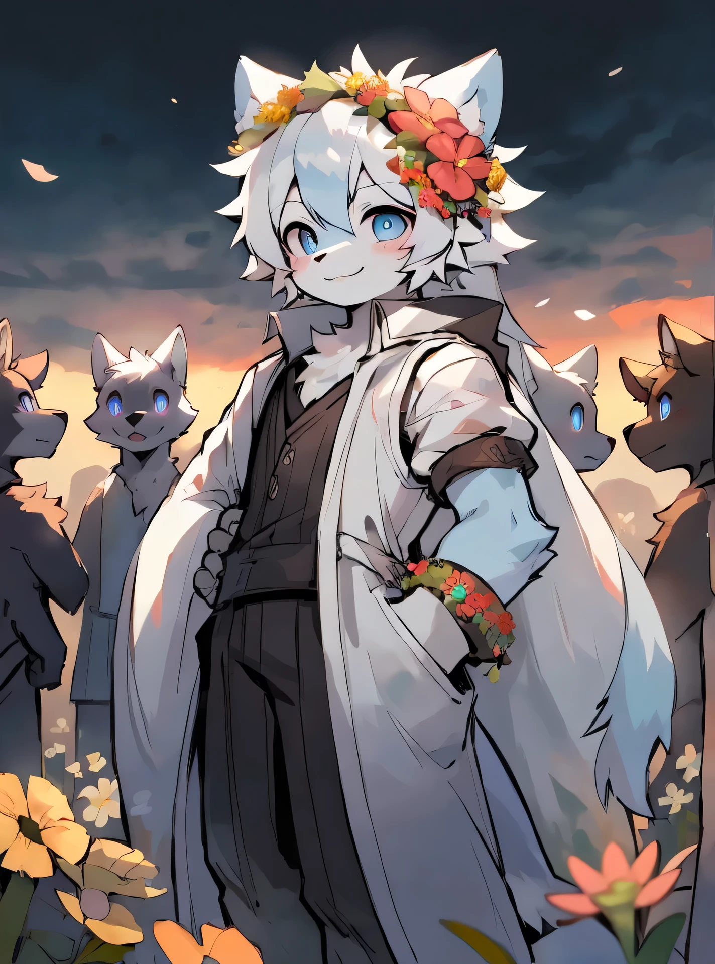 masterpiece, best quality:1.3), high resolution, Wolf,White hair,The fur on the arms and calves is a gradient sky blue,Sky blue pupils,Sky blue ear hair,A flush on his face,Blurred eyes,Male beasts too,Long white hair,cute,Stand among the flowers,Wearing a white dress,Background with flowers,Wearing a wreath,Smile,Time: Noon