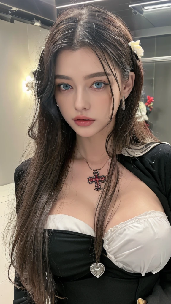 1 miniature Beautiful beautiful woman - Yuan Sayuki, ((top quality, 8K, Masterpiece:1.retty woman, 1 woman, huge breasts:1.3, a slim body:1.1, lush GINGER long hair with 2 buns, (shower, wet body, wet clothes:1.1), very detailed face, detailed lips, detailed eyes, double eyelids, Detailed blue eyes, чрезвычайно Detailed Outstanding Blue Eyes, long GINGER wet hair, GINGER wet hair, Detailed Outstanding Blue Eyes, innocent look at the viewer, very wet wavy white hair, Detailed Outstanding Blue Eyes, huge cross earrings, Outdoors, badges behind, gothic maid uniform,  sexy maid dress, bare chest, huge chest tattoo, detailed huge catholic cross earrings, chest tattoo, Outside, wear a silver cross (Detailed cross shape), reality mode, wet breasts, black necklace, human crowd behind, black latex gloves, hair of white snowy colour, night time, red neon lights, demonic nun, nimbus (golden lighting ring above her head), angel, snowy weather, sexy pose, white lingerie, black maid dress, detailed flower wreath made of different colours, open chest (tattoo on her chest)