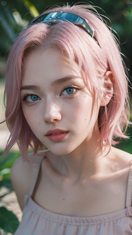 young woman, short shoulder-length pink hair, wide forehead, porcelain skin, pink eyebrows, big emerald green eyes, buttoned nose, full lips, heart-shaped face, slender body, small breasts, red tank top, Sakura Haruno , realistic, realism, details, 3d, well detailed
