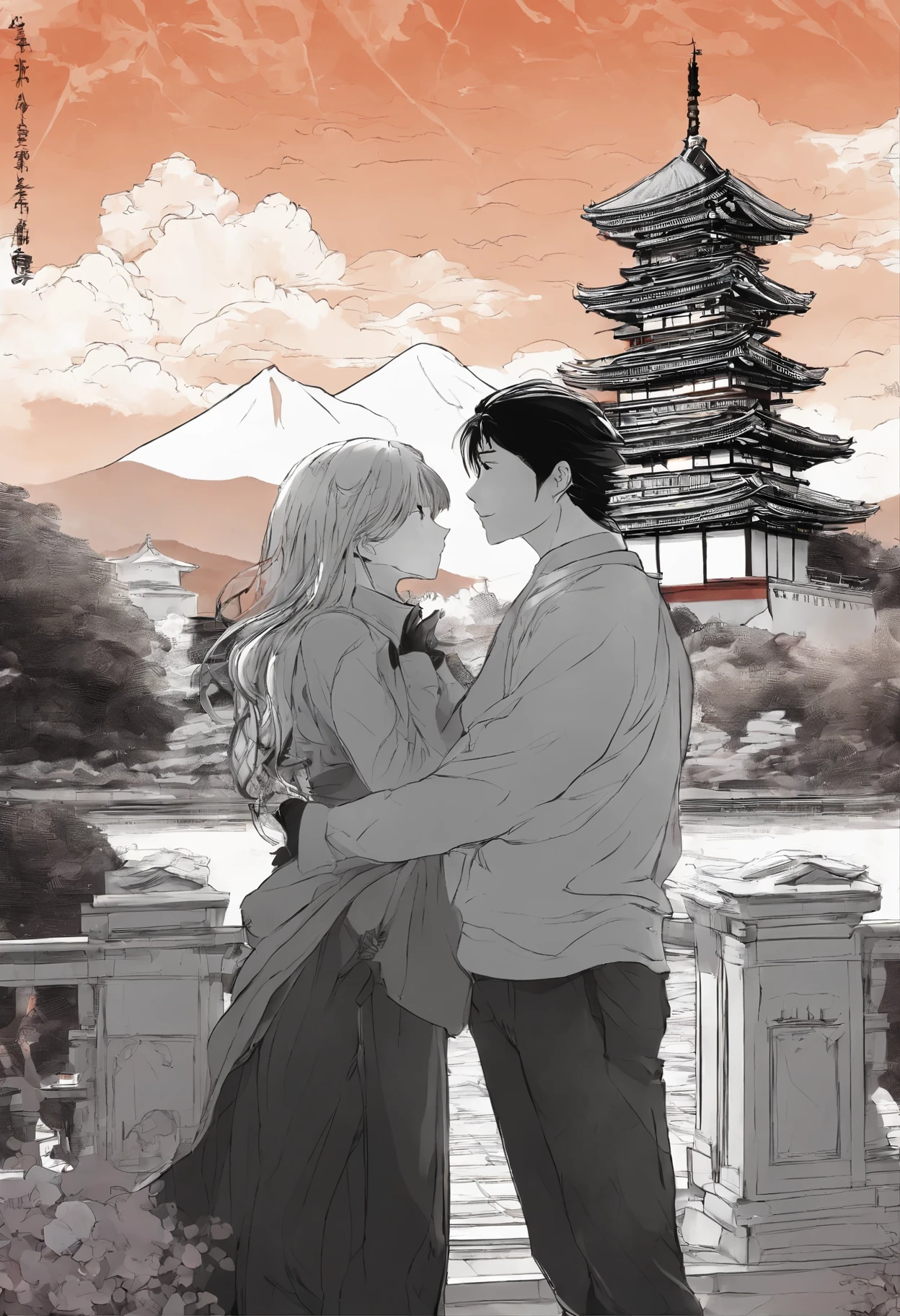 a man and a woman hugging in front of a castle, urban fantasy romance book cover, cover art of graphic novel, romance fantasy movie, promotional poster art, promotional poster, graphic novel cover art, promotional artwork, romance book cover, fantasy book cover, comic cover art, promotional movie poster, dark epic fantasy, cd cover artwork, romance book cover style`