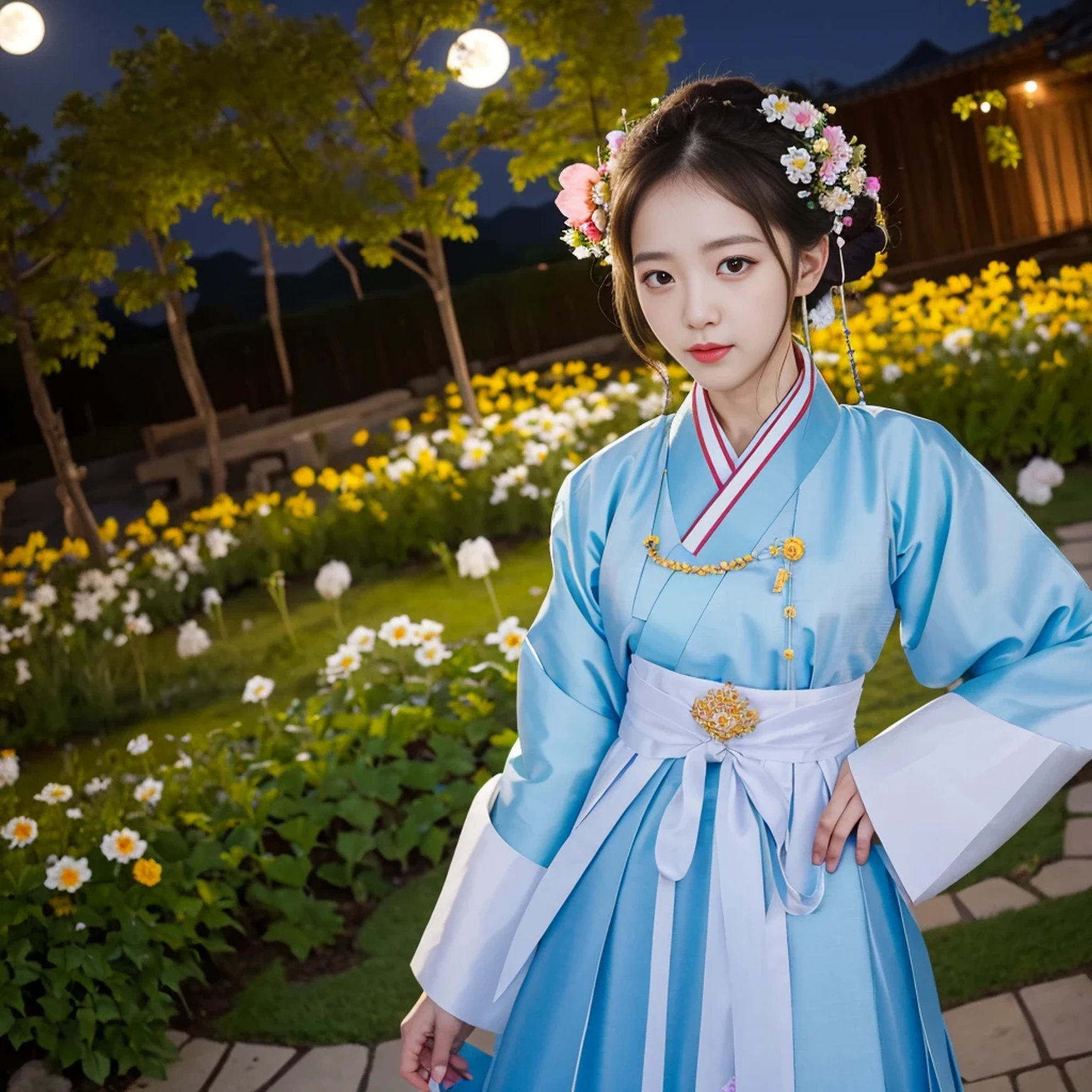 best quality, high_resolution, distinct_image, detailed background ,girl, hanbok,flower,garden,moon, night,dutch angle, wide shot, crown,