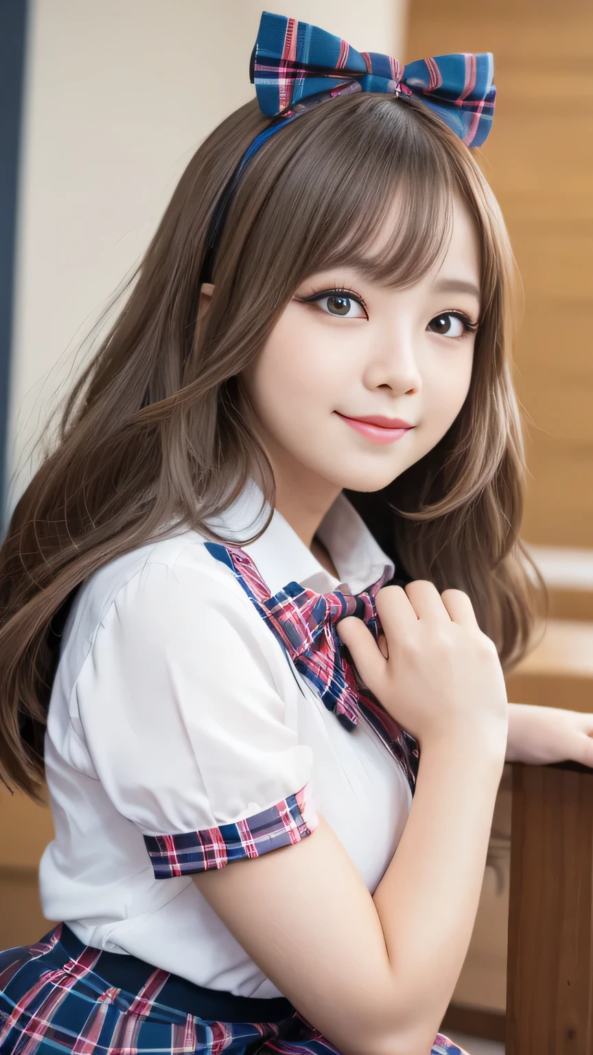 Photorealistic, High resolution, Detailed Background, Beautiful skin in every detail, Detailed eyes, Soft lighting, (Solo Shot), , (ta Girl:1.3), , View your viewers, (((Nice hands, Perfect hands))), (Clear Eyes:1.3),// ,  girl,Cute girl 、 // (School Uniform:1.2)、Short sleeve white collar shirt, Tartan Check Micro Mini Skirt、bow  tie , (blonde:1.2), ((In-person audience)), smile、Emphasize cleavage、(Gal-style thick shadow eyeliner:1.2)、(Long False Eyelashes)、Gal-style makeup、Cowboy Shot、(Thighs:1.2)、