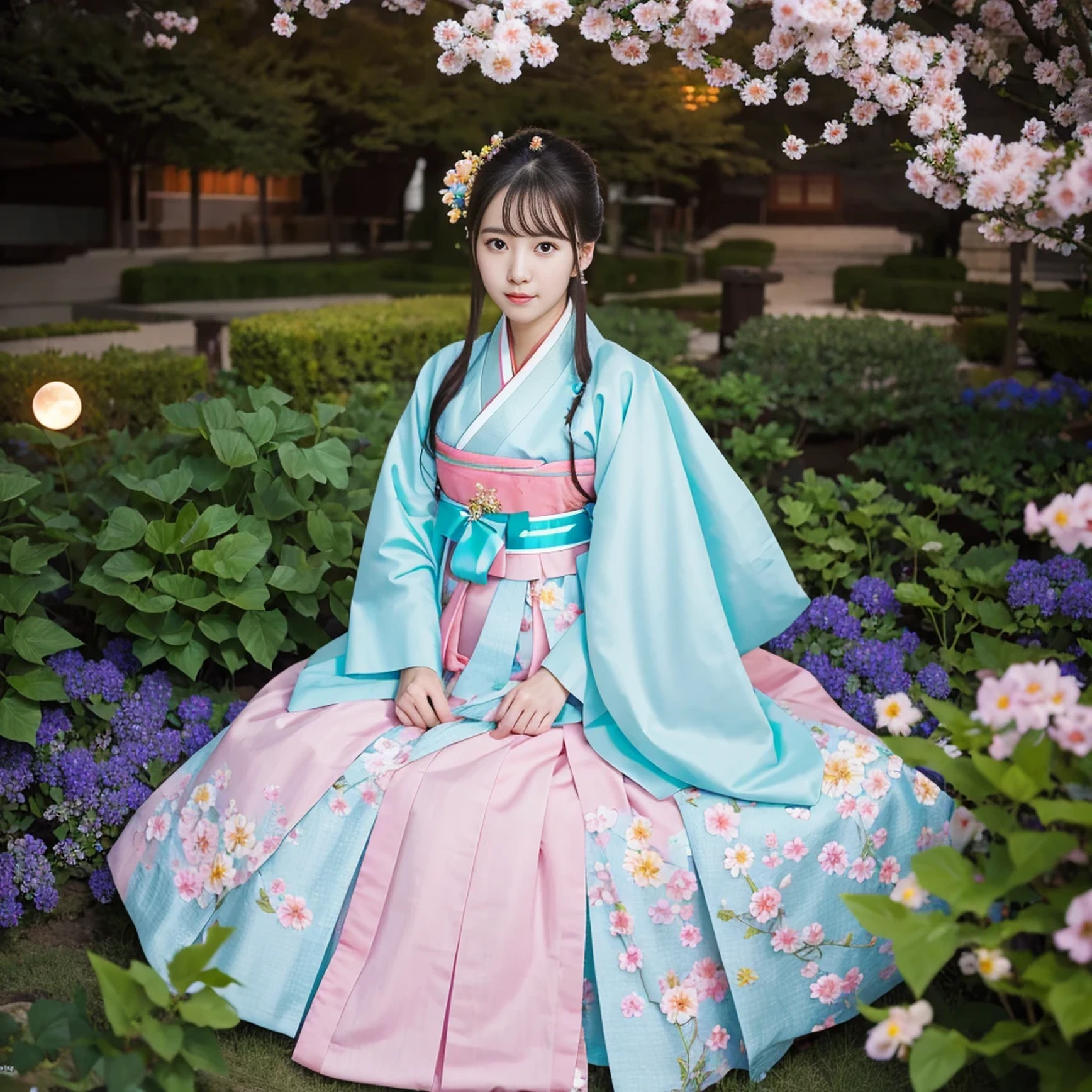 best quality, high_resolution, distinct_image, detailed background ,girl, hanbok,flower,garden,moon, night,dutch angle, wide shot, crown,