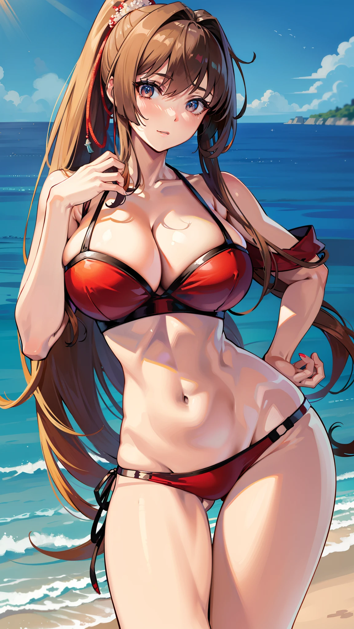 (masterpiece)), ((highest quality)), (super detailed), ((cute)), quavery), ((very detailed)), 4k, (8k), highest quality, (beautiful),(((world class quality))), very detailed, High resolution, (detailed shaded pretty face), whole body, teenager, alone, ((huge breasts)), (((saggy breasts))), bikini,navel,cleavage,beach