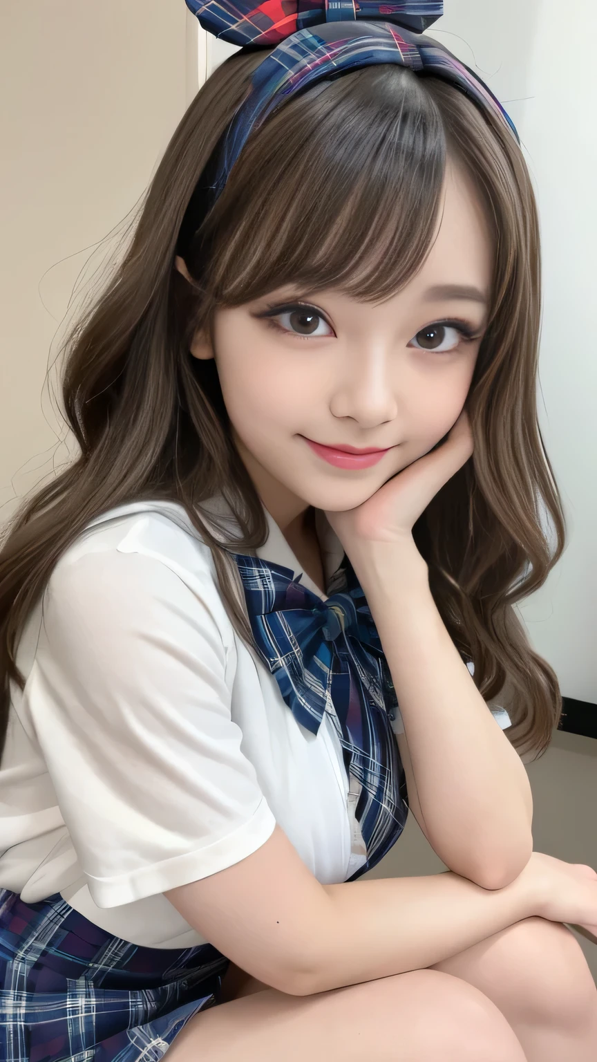Photorealistic, High resolution, Detailed Background, Beautiful skin in every detail, Detailed eyes, Soft lighting, (Solo Shot), , (Lolita Girl:1.3), , View your viewers, (((Nice hands, Perfect hands))), (Clear Eyes:1.3),// , girl,Cute girl 、 // (School Uniform:1.2)、Short sleeve white collar shirt, Tartan Check Micro Mini Skirt、bow tie , (blonde:1.2), ((In-person audience)), smile、Emphasize cleavage、(Gal-style thick shadow eyeliner:1.2)、(Long False Eyelashes)、Gal-style makeup、Cowboy Shot、(Accentuate your thighs:1.2)、、White panties、