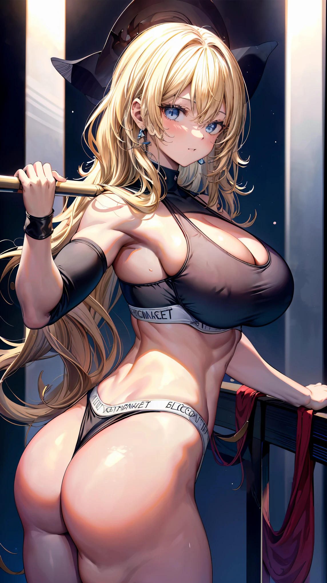 Very detailed、highest quality、Best image quality、masterpiece、8k、Anime Face、A kind smile、(Open your mouth:1.3)、Sparkling blue eyes、(Blonde Wavy Hair:1.5)、(Muscles of the whole body:1.3)、(highleg:2.0)、(Wearing a thong:1.5)、Thigh belt、(Cowboy Shot:1.5)、(SFW Giant)、(Thick body:1.2)、(bra:1.5)、(sxspnts)、(Rear view:1.5)、(Dark Background:1.5)