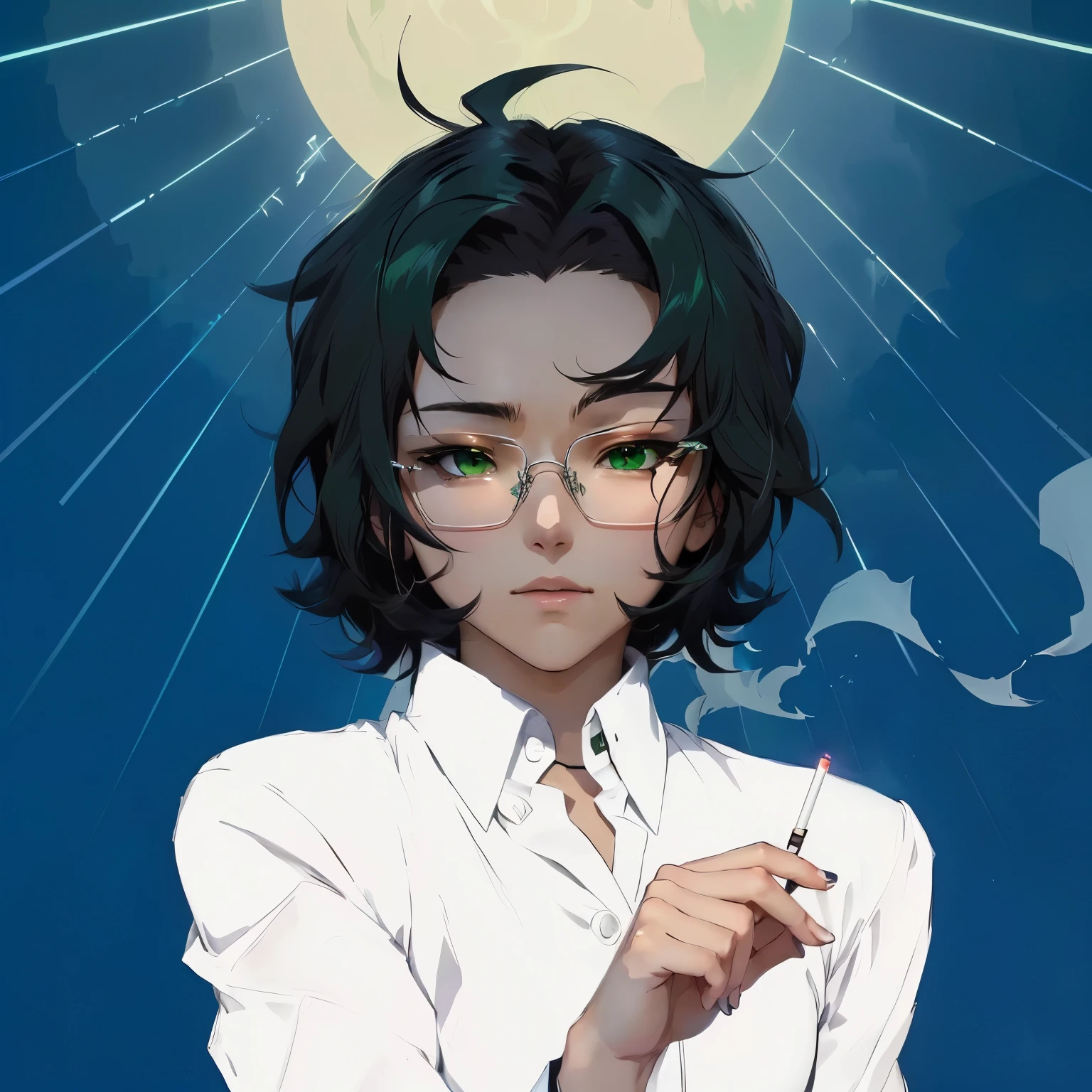 anime girl with glasses and a white shirt holding a cigarette, shinkai makoto, demon slayer rui fanart, anime moe artstyle, inspired by Okumura Masanobu, handsome guy in demon slayer art, in an anime style, anime style character, in anime style, delicate androgynous prince, 2 d anime style, fubuki, green eyes, sharp green eyes