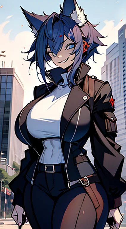 1girl, short_rebellious_hairblue_hair, hair tips to the side, blue_eyes, scary_eyes, short_hair, hair just blue,Big_smile , Evil smile_sharp_wild teeth, looking_at_vi ewer, holding, shirt, pant, animal_ears, blue_ ears, wolf_woman, blue_tail, body_perfect, Milf_body, female_body_muscular sexy, big_breasts, scar_on_thighs, scar_on_the abdomen,vampire slayer_outfit, outfit Black and White