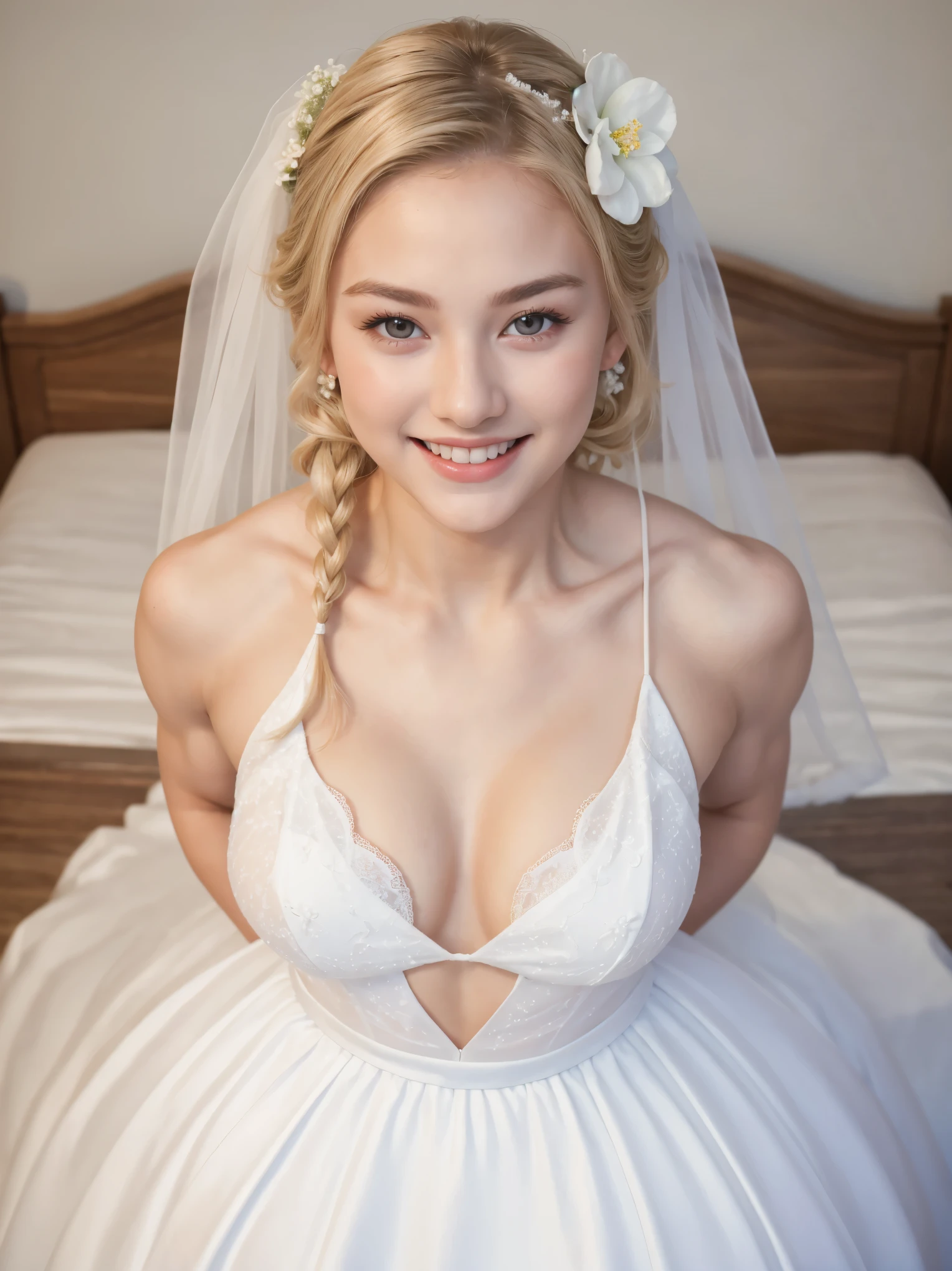 Masterpiece , Beautiful , Baby Face , 18 Years Old , Bare Breasts , White Wedding Dress With Flower , ((muscles:1.3)) , Blonde Ponytails , Cleavage , Laughing , Wedding  , Look to Viewer , Wedding Makeup , Sexy Posing , Full Body Closeup Photography , White Skin