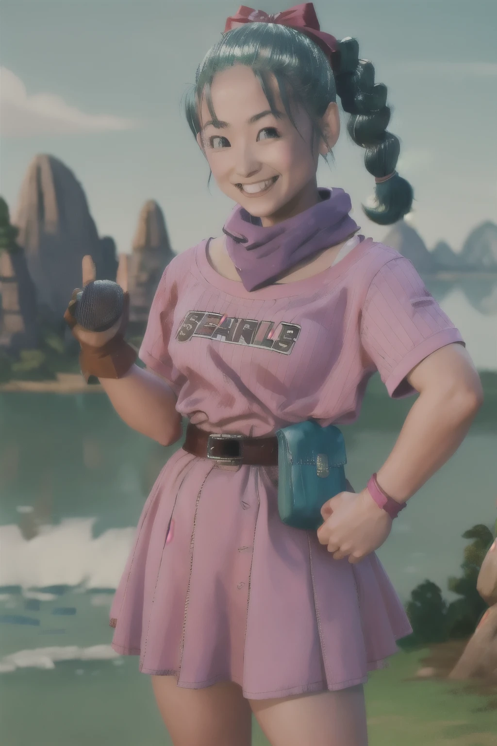 masterpiece, top quality, high resolution, Dragon Ball, Brun Pony, aqua hair, hair ribbon, braided ponytail, pink shirt, belt, scarf, pink skirt, clothing writing, brown gloves, medium chest, outdoors, cowboy shot, hands waving, smiling
