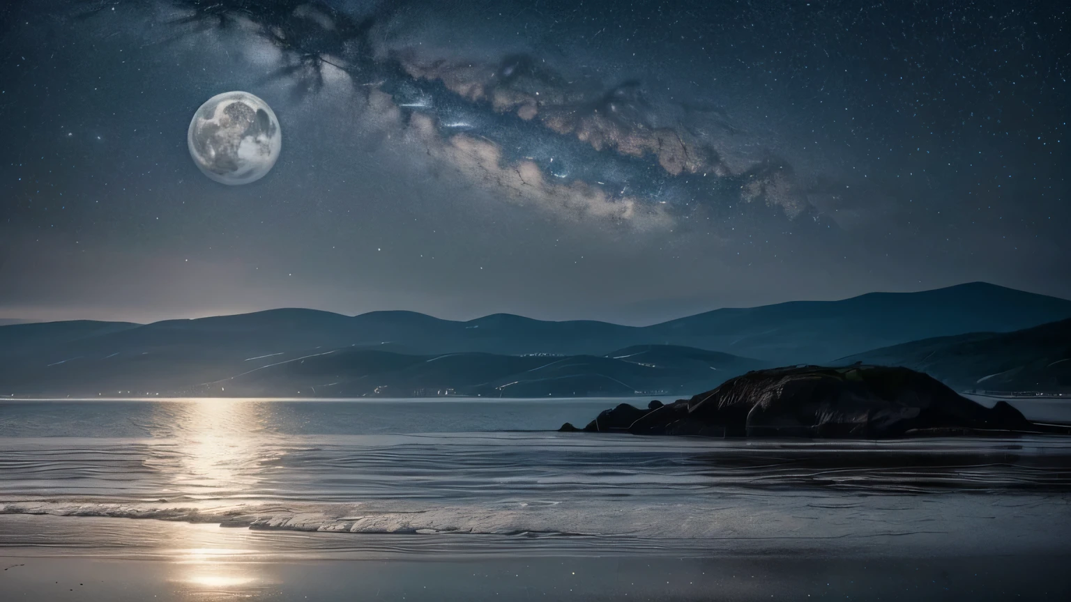 "A peaceful and calm night, Wrapped in silvery brilliance. A harmonious scene with the moon delicately reflected on the calm sea.. Twinkling stars dot the dark sky, casting a magical ambiance. The surrounding nature is shrouded in a light, mysterious mist.. Let your imagination come alive with this night painting full of tranquility and tranquility."