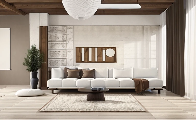 livingroom interior, sofa, armchair, table, rug, wood floor, drapes, window, blind, white flat ceiling, stucco wall,natural light, softlight, (flat white ceiling),((masterpiece)), realistic, high quality,