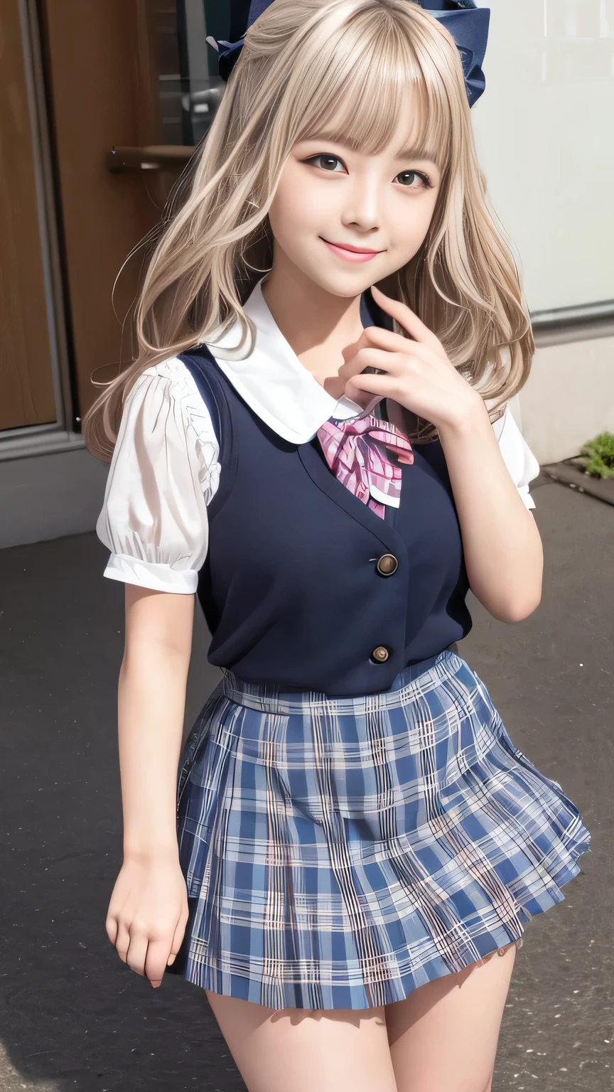 Photorealistic, High resolution, Detailed Background, Beautiful skin in every detail, Detailed eyes, Soft lighting, (Solo Shot), , (Lolita Girl:1.3), , View your viewers, (((Nice hands, Perfect hands))), (Clear Eyes:1.3),// ,  girl,Cute girl 、 // (School Uniform:1.2)、Short sleeve white collar shirt, Tartan Check Micro Mini Skirt、bow  tie , (blonde:1.2), ((In-person audience)), smile、Emphasize cleavage、(Gal-style thick shadow eyeliner:1.2)、(Long False Eyelashes)、Gal-style makeup、(Accentuate your thighs:1.2)、、White panties、