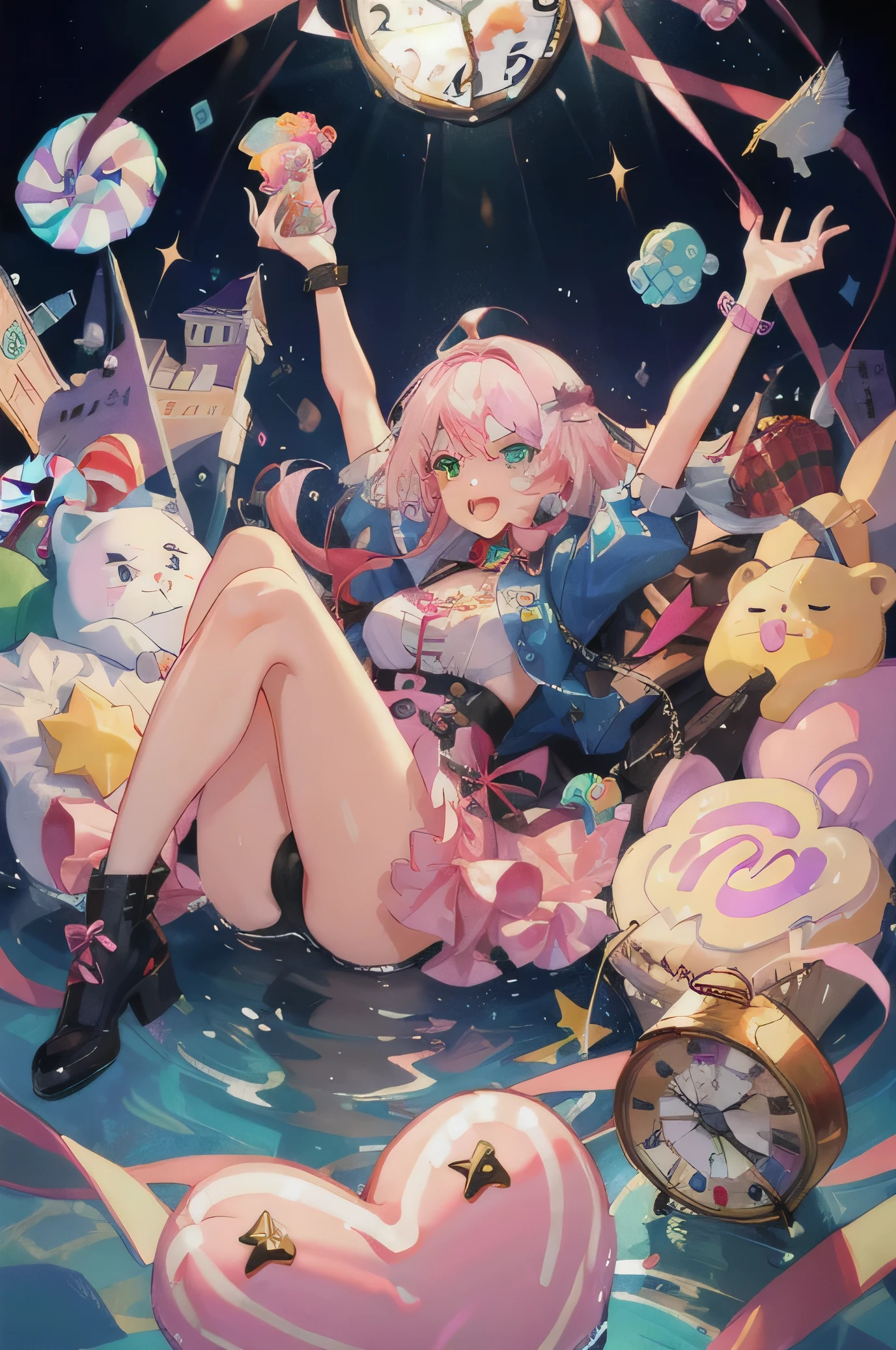 One（pink hair），The girl falls in the air and looks at the candy castle with the clock and the gummy bears running around it.