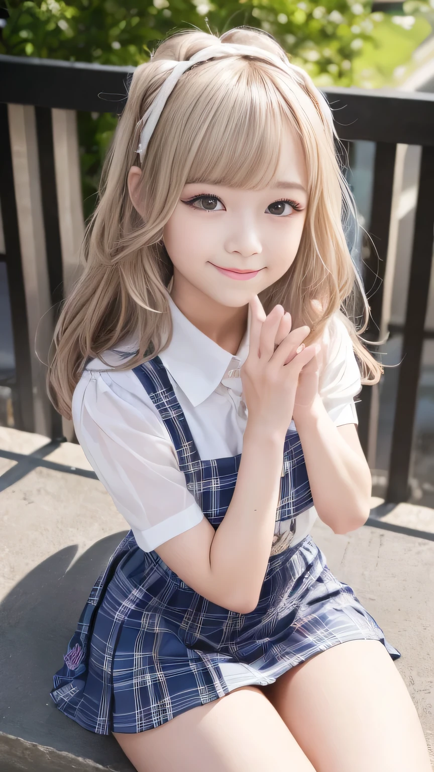 Photorealistic, High resolution, Detailed Background, Beautiful skin in every detail, Detailed eyes, Soft lighting, (Solo Shot), , (ta Girl:1.3), , View your viewers, (((Nice hands, Perfect hands))), (Clear Eyes:1.3),// ,  girl,Cute girl 、 // (School Uniform:1.2)、Short sleeve white collar shirt, Tartan Check Micro Mini Skirt、bow  tie , (blonde:1.2), ((In-person audience)), smile、Emphasize cleavage、(Gal-style thick shadow eyeliner:1.2)、(Long False Eyelashes)、Gal-style makeup、(Accentuate your thighs:1.2)、、sit、From above、
