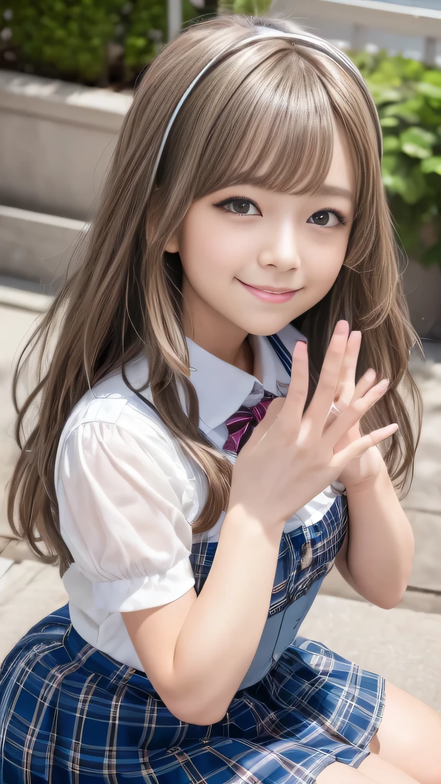 Photorealistic, High resolution, Detailed Background, Beautiful skin in every detail, Detailed eyes, Soft lighting, (Solo Shot), , (Lolita Girl:1.3), , View your viewers, (((Nice hands, Perfect hands))), (Clear Eyes:1.3),// ,  girl,Cute girl 、 // (School Uniform:1.2)、Short sleeve white collar shirt, Tartan Check Micro Mini Skirt、bow  tie , (blonde:1.2), ((In-person audience)), smile、、(Gal-style thick shadow eyeliner:1.2)、(Long False Eyelashes)、Gal-style makeup、、、sit、From above、