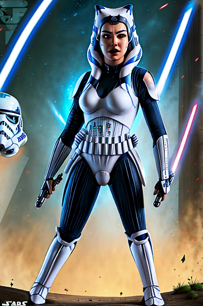 Photo of a  (ahsoka) as ((((Stormtrooper)))) from Star Wars, (full body), ((Dynamic portrait)), ((Hyperrealism)), ((Detailed RAW color art)), ((Bokeh effect)), ((Leading Lines Shot)), ((Tilt-Shift (Simulating Miniature Scenes))), ((Butterfly lighting)). She wears the iconic Stormtrooper armor with a glossy black finish and thigh-high boots. Her medium-sized breasts are hidden underneath the rigid structure of her uniform. Her eyes are covered by the helmet, but her expression is determined and focused, creating an intriguing contrast between her impassive face and the lively background. The photograph, taken with a high-end
