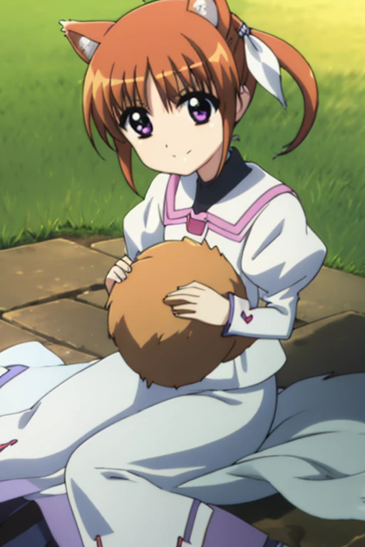 Horo/Holo,Wheat field,carriage,Maid clothes,Eyes are hearts,smile,Holding the baby,baby,With children,Baby has white hair,Baby with wolf ears,Baby with wolf tail