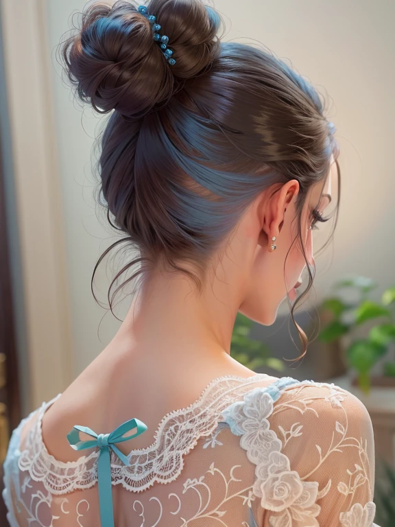 Hyper realistic by {Emmy Rossum (classic bun hairstyle), ((DD Action} Jack-o Pose From Behind)) (Sexy Erotic Lace Baby Blue Lingerie), (full red mouth, slim, thin waist, wide hips, perfect body)}, facing the camera, symmetrical face, ideal human, 85 mm lens, f8, photography, ultra details, natural light, backlight, photo, studio lighting