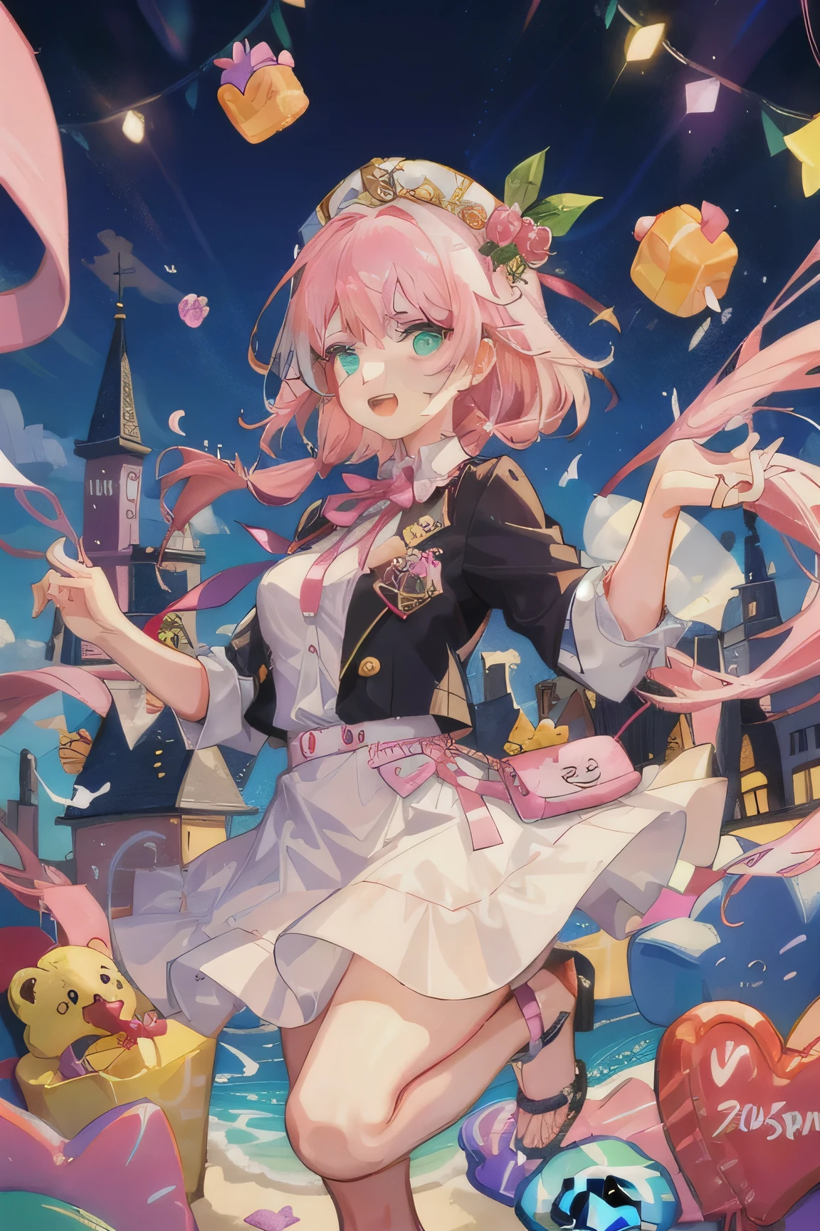 One(pink hair),The girl falls in the air and looks at the candy castle with the clock and the gummy bears running around it.