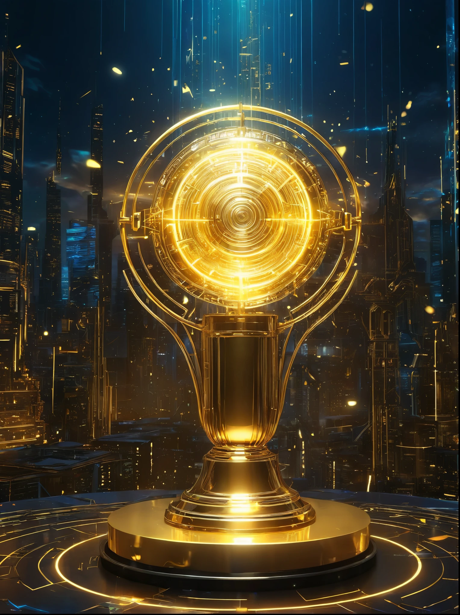 (best quality,4k,8k,highres,masterpiece:1.2),ultra-detailed,(realistic,photorealistic,photo-realistic:1.37),Golden Trophy,cyberpunk style,cybernetic enhancements,electric surges,background: circuit board,flowing golden electrocurrents,vivid colors,neon lights,glowing wires,lens flares,mysterious shadows,cityscape,futuristic skyline,technological achievements,advanced robotics,winner's podium,shimmering reflections,electric sparks,detailed metallic textures,electrically charged atmosphere,golden particles,grand celebration,hidden secrets,wireframe graphics,high-tech aesthetic,winner's glory and pride,sparkling highlights,glowing holograms,artificial intelligence,advanced control systems,controlled chaos,energy pulsations,Illuminati symbolism,captivating visual spectacle,powerful symbolism,secrets of the universe,thrilling experience.