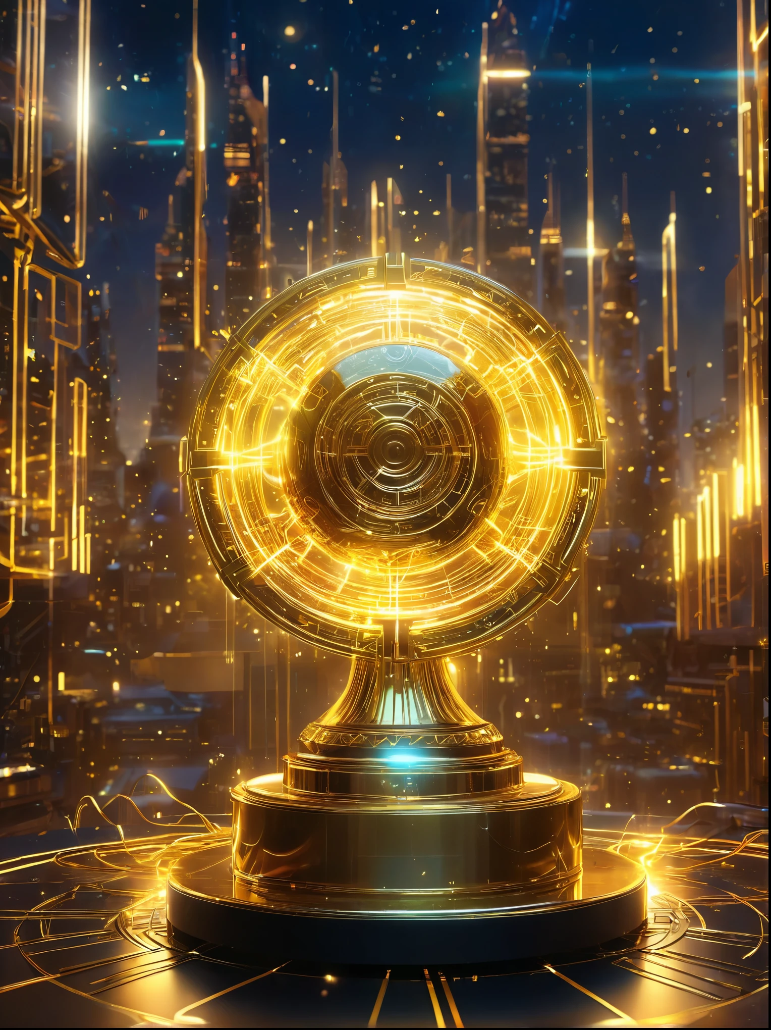 (best quality,4k,8k,highres,masterpiece:1.2),ultra-detailed,(realistic,photorealistic,photo-realistic:1.37),Golden Trophy,cyberpunk style,cybernetic enhancements,electric surges,background: circuit board,flowing golden electrocurrents,vivid colors,neon lights,glowing wires,lens flares,mysterious shadows,cityscape,futuristic skyline,technological achievements,advanced robotics,winner's podium,shimmering reflections,electric sparks,detailed metallic textures,electrically charged atmosphere,golden particles,grand celebration,hidden secrets,wireframe graphics,high-tech aesthetic,winner's glory and pride,sparkling highlights,glowing holograms,artificial intelligence,advanced control systems,controlled chaos,energy pulsations,Illuminati symbolism,captivating visual spectacle,powerful symbolism,secrets of the universe,thrilling experience.