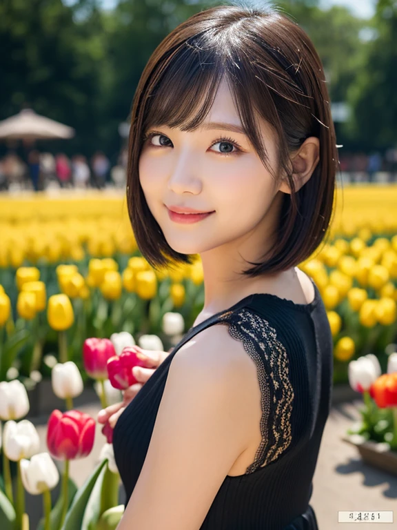 (squat)、(highest quality:1.5)、(Realistic:1.5)、(1 person:1.5)、(Very detailed)、(High resolution)、8k、(Wear a dark dress with lace)、(Small breasts)、Natural color lips、Cute Smile、20-year-old girl、(Beautiful and elaborate face)、(Perfect and beautiful face)、(Big eyes)、(Beautiful and elaborate face)、(Beautiful, balanced eyes)、Perfect and beautiful double eyelids、Perfect and beautiful face、Arched eyebrows、 Thin eyebrows、Feminine poses、Slim face、(Slim figure)、Beautiful and thin nose、 Beautiful Skin、(ミディアムBob Hair)、Bob Hair、Natural Bangs、Fair skin、Front lighting、(Lighting the face)、Deep blue eyes、Slim waistline、(A hill full of colorful tuliplim and beautiful legs、Tulip Fields、
