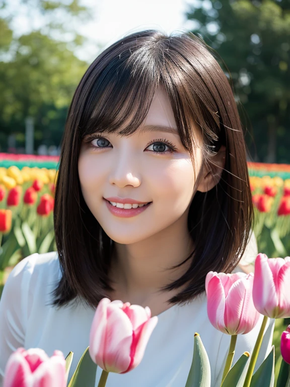 (squat)、(highest quality:1.5)、(Realistic:1.5)、(1 person:1.5)、(Very detailed)、(High resolution)、8k、(Wear a dark dress with lace)、(Small breasts)、Natural color lips、Cute Smile、20-year-old girl、(Beautiful and elaborate face)、(Perfect and beautiful face)、(Big eyes)、(Beautiful and elaborate face)、(Beautiful, balanced eyes)、Perfect and beautiful double eyelids、Perfect and beautiful face、Arched eyebrows、 Thin eyebrows、Feminine poses、Slim face、(Slim figure)、Beautiful and thin nose、 Beautiful Skin、(ミディアムBob Hair)、Bob Hair、Natural Bangs、Fair skin、Front lighting、(Lighting the face)、Deep blue eyes、Slim waistline、(A hill full of colorful tuliplim and beautiful legs、Tulip Fields、
