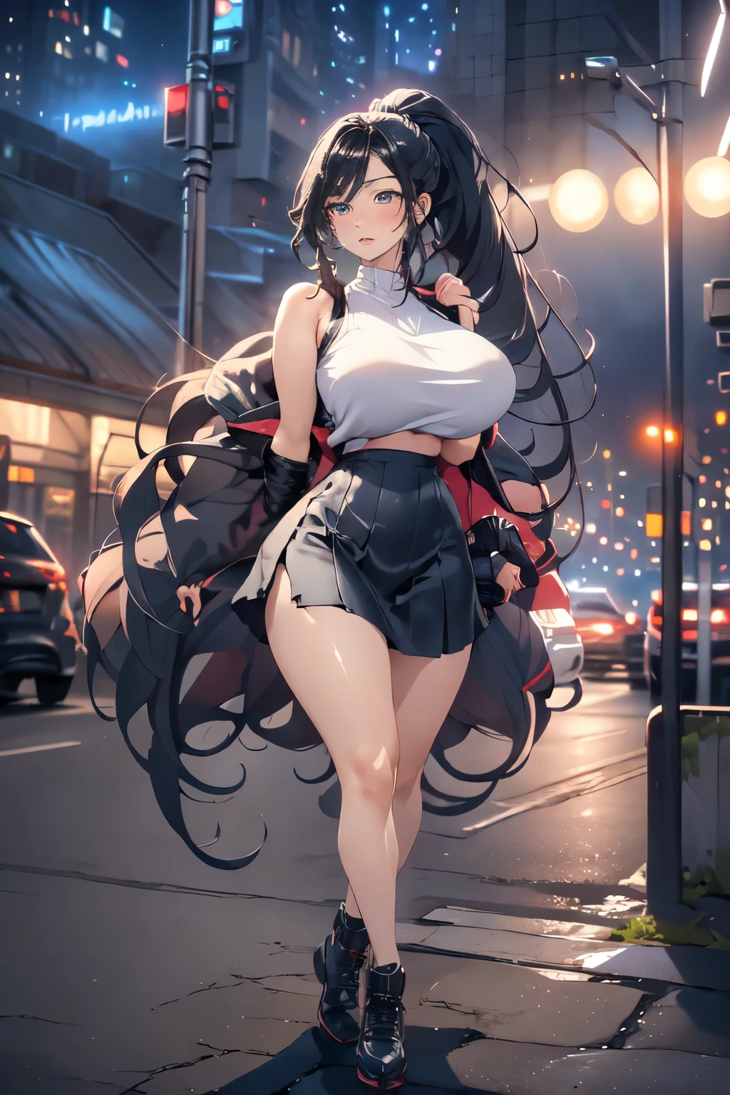 an adult, mature woman, sculpted body, overweight 100 kilos, long black hair tied in a ponytail, big tits, wearing a long neon pink qipao and a leather pleassed skirt that leaves her shoulders showing, full body photo, work of art, best quality, detailed eyes , detailed lips, red lips, silver eyes, on top of a building in a futuristic city, low light pollution, night sky