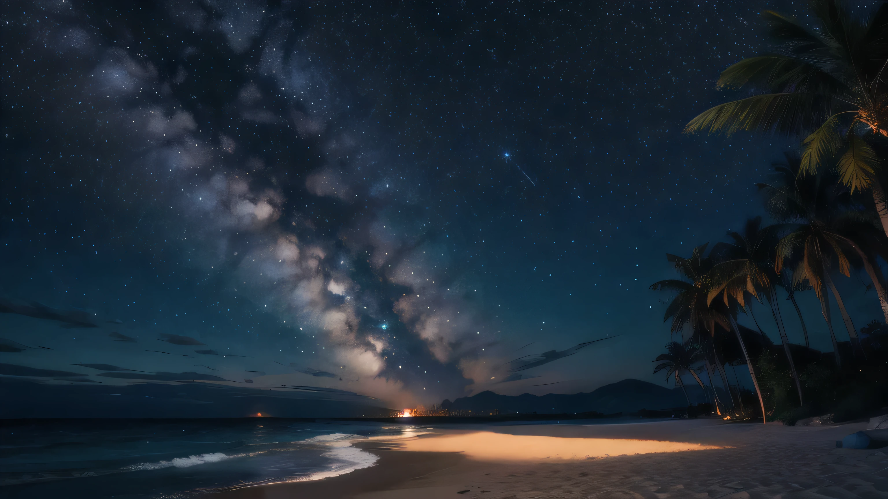 Starry sky full of starasterpiece,highest quality,Ocean,sandy beach,forest,A fantastic deserted island