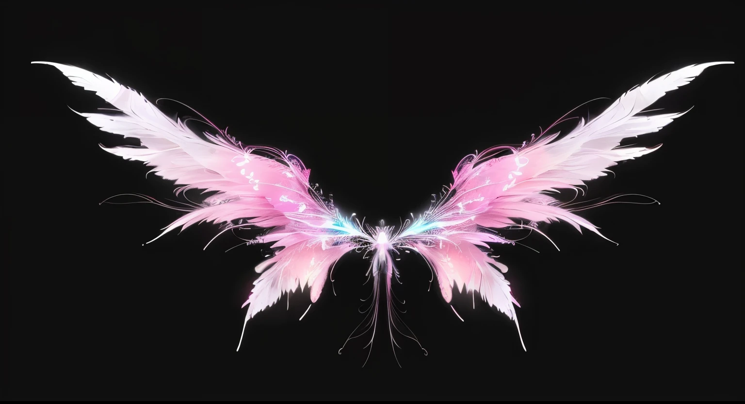 A butterfly with pink and white feathers on a black background, Ethereal Wings, infinite Angel Wings, Neon wings, Infinite Angel Wings, Epic Angel Wings, Feathery wings, cosmic horror entity with wings, Angel Wings, Symmetrical wings, beautiful Angel Wings, Transparent wings, wispy gigantic wings, wings made of glass, wing, Devil's wings