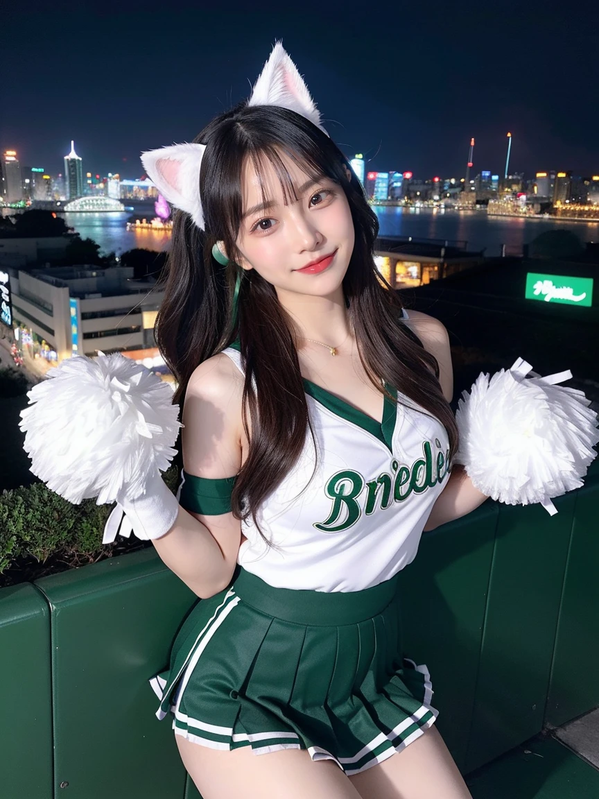 Full body photo、whole、最high quality, masterpiece, 32k、Very detailed、Realistic、1 girl, Japanese women、Cute face, (photo Actual:1.3), Edge lighting, (Skin with attention to detail:1.2), 8k超High resolution, Single-lens reflex camera, high quality, High resolution, 4K, 8k, Optimal ratio of four fingers to one thumb, (Actual:1.3), smile、ヘニョヘニョしたsmile、自然なsmile、Baseball Cheerleader Costumes(white、Emerald green line design、Japanese professional baseball cheerleaders、There are fighters and baseball logos)、Cat ear headphones(エメラルドグリーン色のネオンCat ear headphones)、cute 1 girl, Realistic、Super Realistic、32k、Very detailed、masterpiece, 最high quality, beautiful girl, beauty、 Mecha, Beautiful lighting, Sitting,Cyber Neon、Future City、Skyscraper、City Night、Shanghai、Big cities、Night view、綺麗なNight view
