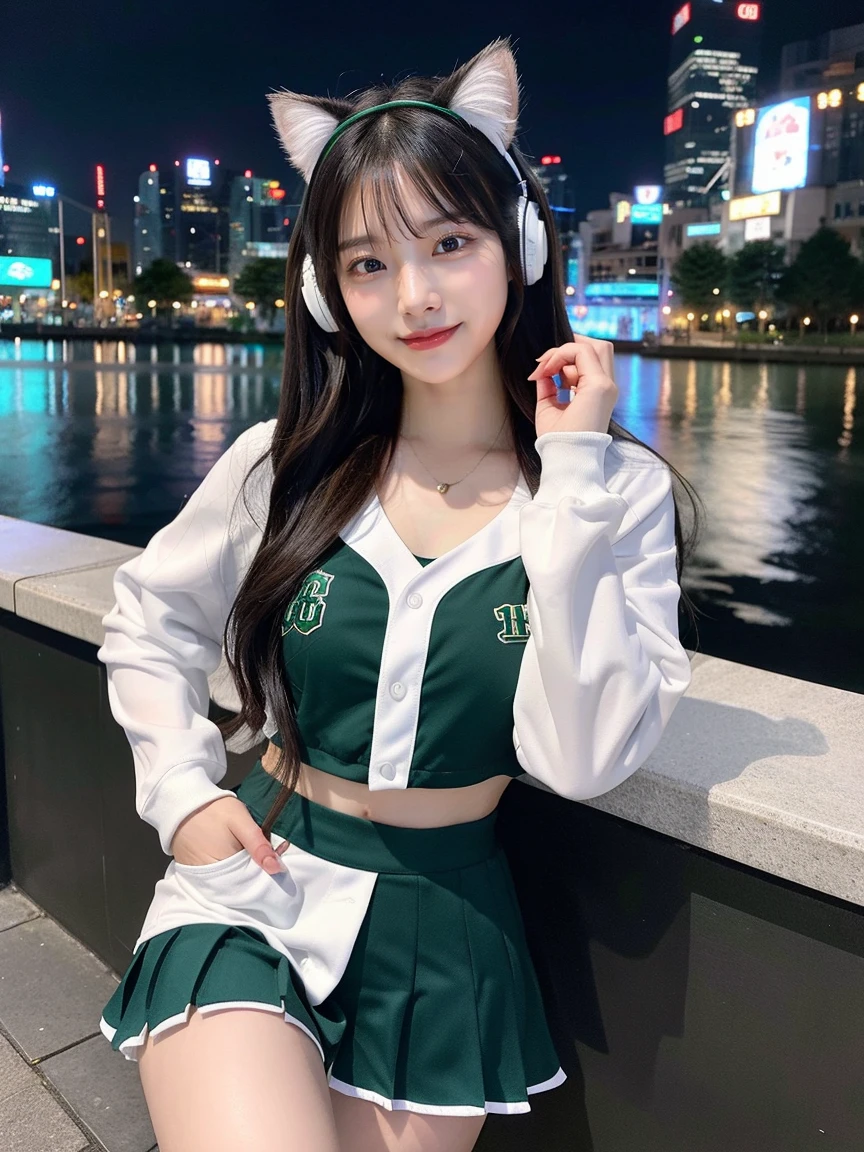 Full body photo、whole、最high quality, masterpiece, 32k、Very detailed、Realistic、1 girl, Japanese women、Cute face, (photo Actual:1.3), Edge lighting, (Skin with attention to detail:1.2), 8k超High resolution, Single-lens reflex camera, high quality, High resolution, 4K, 8k, Optimal ratio of four fingers to one thumb, (Actual:1.3), smile、ヘニョヘニョしたsmile、自然なsmile、Baseball Cheerleader Costumes(white、Emerald green line design、Japanese professional baseball cheerleaders、There are fighters and baseball logos)、Cat ear headphones(エメラルドグリーン色のネオンCat ear headphones)、cute 1 girl, Realistic、Super Realistic、32k、Very detailed、masterpiece, 最high quality, beautiful girl, beauty、 Mecha, Beautiful lighting, Sitting,Cyber Neon、Future City、Skyscraper、City Night、Shanghai、Big cities、Night view、綺麗なNight view