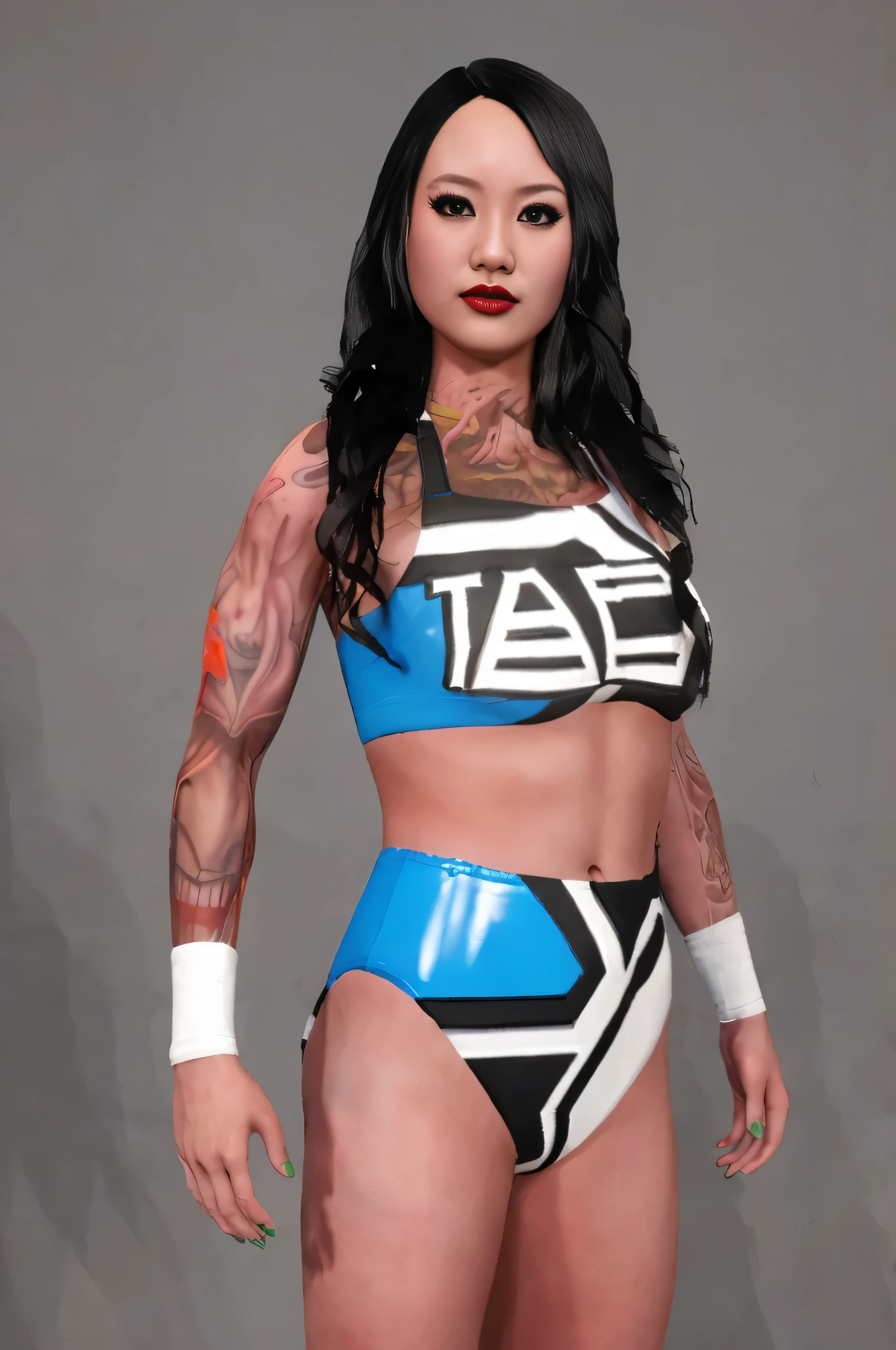 ((masterpiece, best quality)), ((((perfect anatomy)))), (33 year old)), (((Curvy))), (((Chinese woman with long black hair)), ((Numerous yakuza style tattoos)), in ((blue black and white sports bra)), ((blue black and white high cut briefs)), Dark makeup, smirking, red lipstick, Standing in front of a grey screen, ((((photo realistic))))