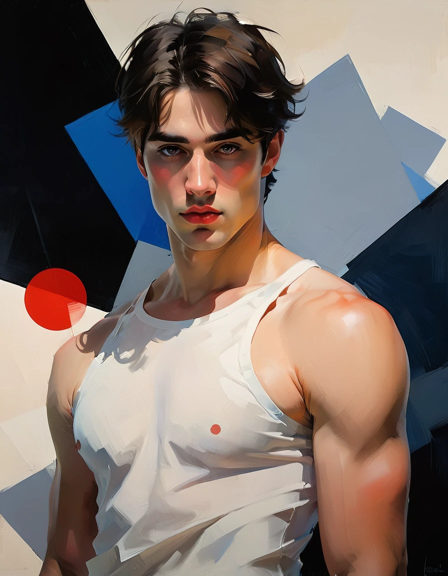 chiaroscuro technique on sensual illustration of an arafed man in white underwear, sexy masculine, diego fazio, male model, by Ludovit Fulla, model with attractive body, inspired by Ludovit Fulla, mid-shot of a hunky, the model draped in flowing, thick oil painting by Harumi Hironaka, extremely soft colors, vibrant, highly detailed, malcolm liepke painting,Chiaroscuro: The painting employs strong contrasts between light and dark areas, creating a dramatic effect. Observe how light hits certain parts of the face and hand, while other areas are cast in shadow., there is a red circle on a blue and red square, inspired by Bauhaus, in a shapes background, brown red blue, circle forms, red blue, by Leon Polk Smith, memphis abstract minimal art, graphic shapes, minimal art, blue and red, minimal art style, bauhaus art, inspired by El Lissitzky, bold simple shapes