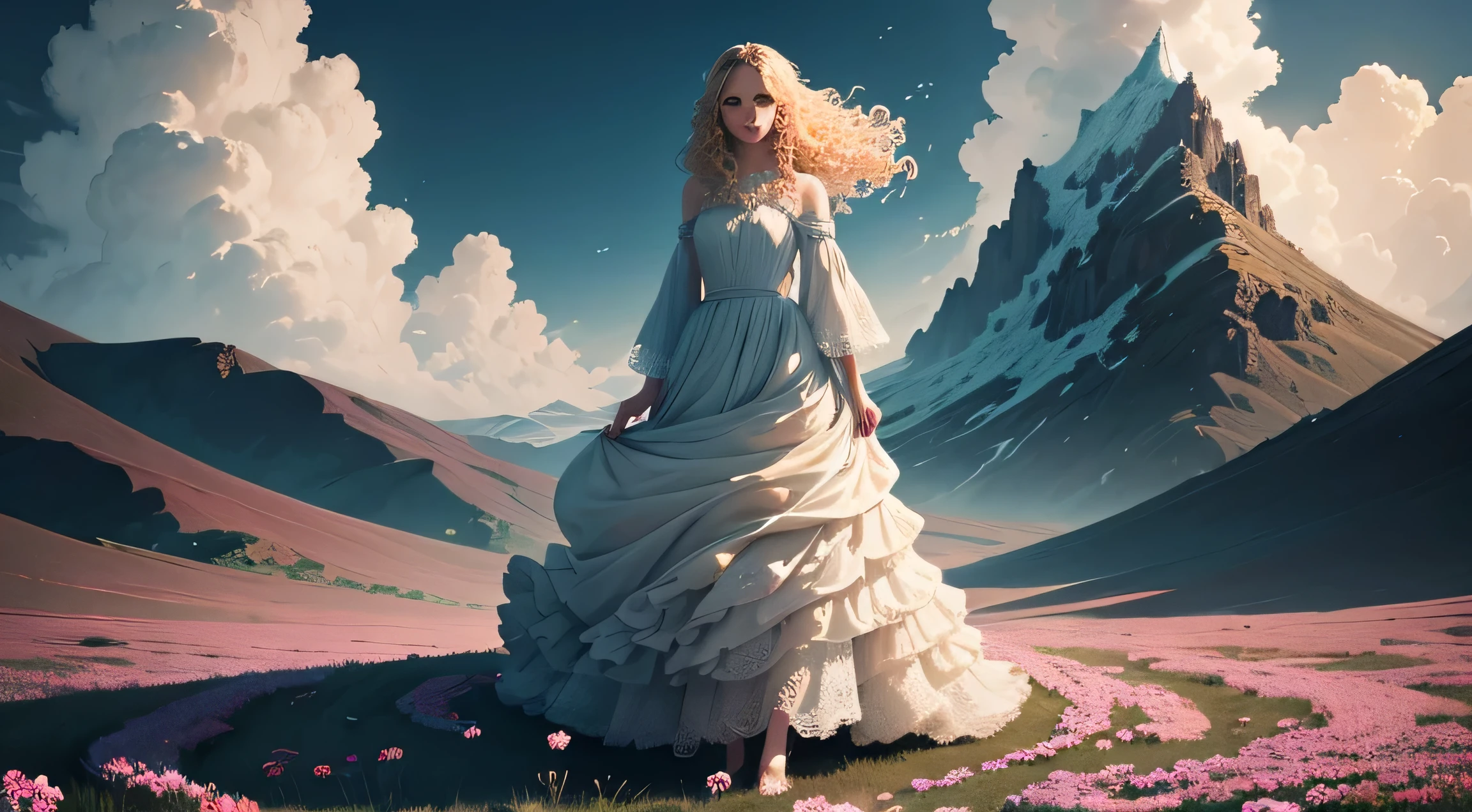 An interesting and visually descriptive prompt featuring a girl with curly blonde hair, dressed in a flowing gown with flowers falling in the background, as she stands atop a mountain surrounded by a sea of flowers. The stylistic rendering of this image will leave viewers in awe.