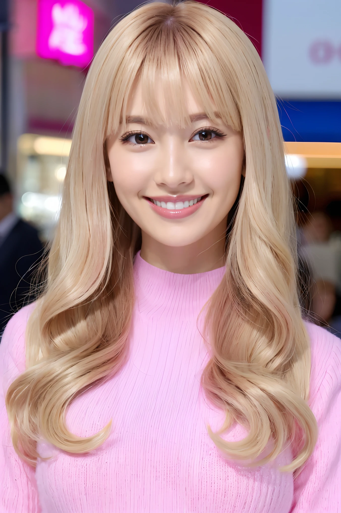 (Tabletop、highest quality、8k、Award-winning works、Ultra-high resolution)、One beautiful woman、(The perfect and most natural long sleeve pink open chest knit:1.1)、(Pink and blonde hair:1.2)、Bright color contacts、Perfect Makeup、Bright and shiny lipstick、(Very heavy makeup:1.1)、(Pink eyeshadow:1.1)、Heavy makeup around the eyes、(Huge breasts:1.2)、(Face close-up:1.2)、Very long wavy hair、The best smile you ever had when you saw me、(Accentuate your body lines:1.1)、(Strongly blurred vibrant Harajuku street background:1.1)、(Strongly blurred background:1.1)、Accurate anatomy、Ultra HD Hair、(Ultra-high resolutionの完璧な美しい歯:1.1)、Ultra-high definition beauty face、Ultra HD Hair、Ultra-high definition sparkling eyes、輝くUltra-high resolutionの美肌、Ultra-high resolutionの艶やかな唇