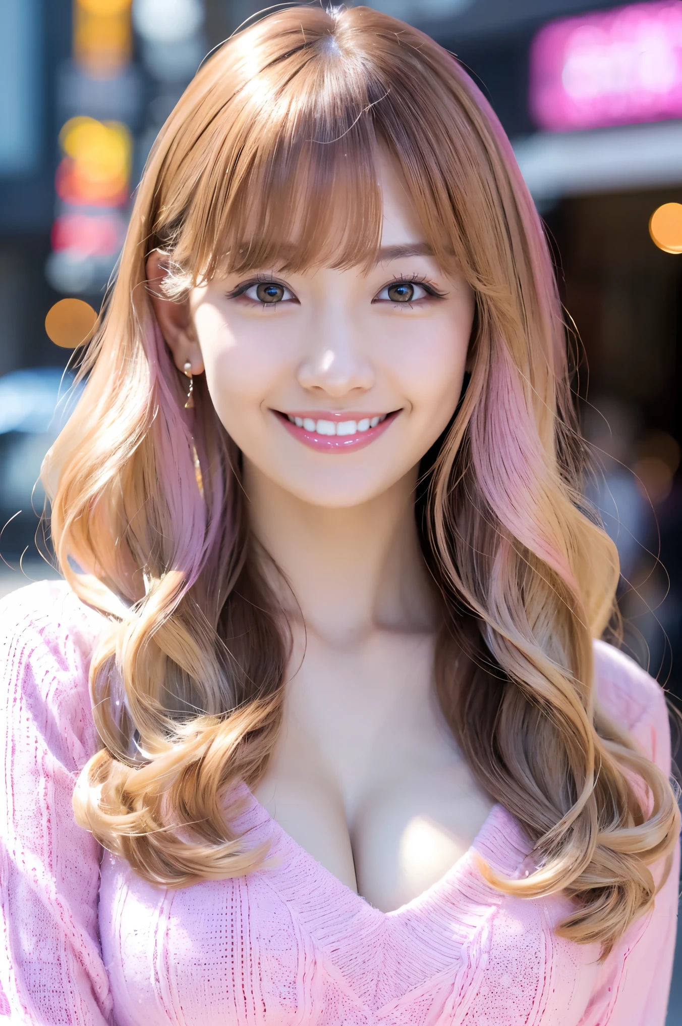 (Tabletop、highest quality、8k、Award-winning works、Ultra-high resolution)、One beautiful woman、(The perfect and most natural long sleeve pink open chest knit:1.1)、(Pink and blonde hair:1.2)、Bright color contacts、Perfect Makeup、Bright and shiny lipstick、(Very heavy makeup:1.2)、(Deep pink around the eyes:1.1)、Beautiful bright eyeshadow、Heavy makeup around the eyes、(Huge breasts:1.2)、(Face close-up:1.2)、Very long wavy hair、(Romantic affection:1.1)、The best smile you ever had when you saw me、(Most of them emphasize the body line.:1.1)、(Strongly blurred vibrant Harajuku street background:1.1)、(Strongly blurred background:1.1)、Accurate anatomy、Ultra HD Hair、(Ultra-high resolutionの完璧な美しい歯:1.1)、Ultra-high definition beauty face、Ultra HD Hair、Ultra-high definition sparkling eyes、輝くUltra-high resolutionの美肌、Ultra-high resolutionの艶やかな唇