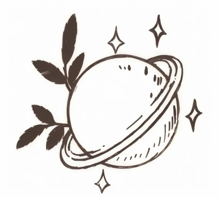 un dibujo de un planeta con un anillo alrededor, Symbol of the planet Venus, planeta y estrellas, plantas espaciales, planeta con anillos, vignette illustration, label illustration, spot illustration, Nave espacial Lush Garden, very detailed illustration, full page illustration, estilo de dibujo tradicional, planeta saturno, planeta en el espacio, high detail illustration, planetas y galaxias, hand drawn illustration, logo
