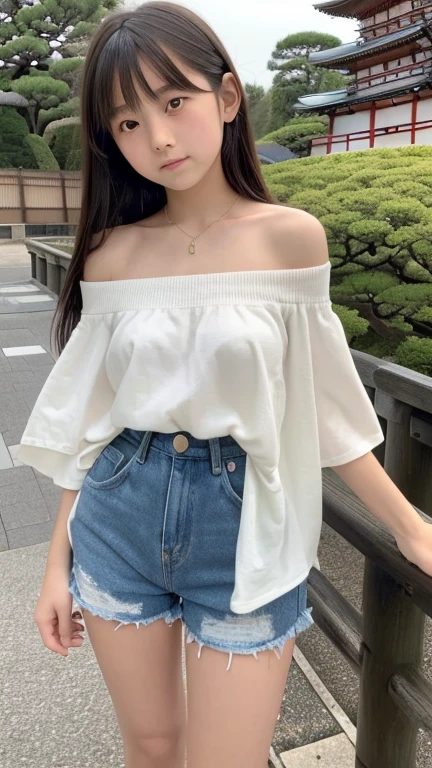 masterpiece, highest quality,(12 year old Japan girl:1.5),(I feel like crying:1.3) ,White off-shoulder、Tight, short shorts,Are standing,garden,,(Junior high school girls' summer clothes and hairpins:1.8),Brown eyes,(small:1.7),(Smooth straight hair:1.5),(Slender body,Thin legs),Detailed eyes,Very white skin,Let your bangs down,Detailed body,Detailed hand,No makeup, smile,Hands to the side,flower