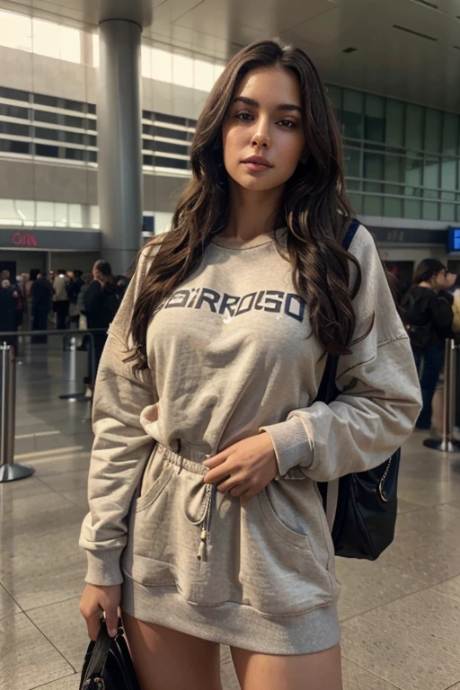 (best quality,4k,8k:1.2),ultra-detailed,(realistic,photorealistic,photo-realistic:1.37) gorgeous colombian woman portait ,beautiful face , young women , wearing sweatshirt outfit , at the aiport waiting for the flight , wearing a black backpack , full body , beautiful face , masterpiece , best quality , solo , shadows , contrast, cinematic light , side lighting , utra high revolution , best shadow , RAW , 4k , 85mm, , full body ,long wavy hair,beautiful detailed eyes,beautiful detailed lips, standing