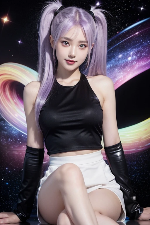 (masterpiece, best quality, Super detailed),(1girl和1boy),()(girl:Purple and white gradient hair,Gentle eyes,Long twin tails,cool,personality,brave,Long legs,赛博style, Dynamic Angle, Dynamic poses, natural lighting, floating,(Colorful tops:1.2|Black top), (tight skirt:1.2|Leather pants:0.9), (silver bracelet:1.2|watch), )(boy:short hair,Handsome,Deep eyes,Flowing hair,Quiet temperament,style) (Galaxy Background:0.8| Cosmic Landscape), (Smile:0.8| Serious expression),