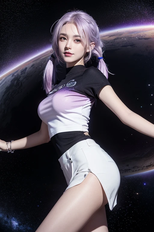 (masterpiece, best quality, Super detailed),(1girl和1boy),()(girl:Purple and white gradient hair,Gentle eyes,Long twin tails,cool,personality,brave,Long legs,赛博style, Dynamic Angle, Dynamic poses, natural lighting, floating,(Colorful tops:1.2|Black top), (tight skirt:1.2|Leather pants:0.9), (silver bracelet:1.2|watch), )(boy:short hair,Handsome,Deep eyes,Flowing hair,Quiet temperament,style) (Galaxy Background:0.8| Cosmic Landscape), (Smile:0.8| Serious expression),