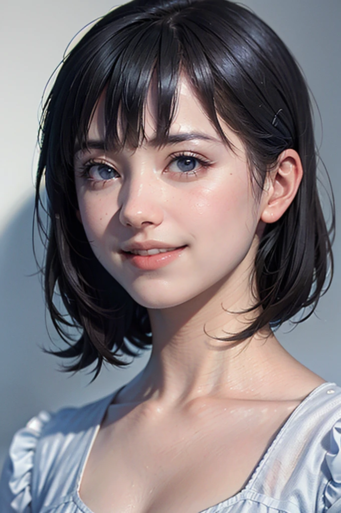 "(highest quality,8k,High resolution,masterpiece:1.2),Very detailed,(Realistic,photoRealistic,photo-Realistic:1.37),(Realistic:1.37),One beautiful woman、short hair,Deep black eyes,21 years old,Light Brown Hair,Blue clothes,Blue uniform,Moderate:Oil,Portrait of a Woman,smile,Vibrant colors,Soft lighting,Studio settings,Fine brushwork,White skin,Gentle expression,Subtle highlights,Thin hair bundle,A confident gaze,Classic black and white palette,Dramatic contrast,Bold composition,Mystery hint,Refined elegance,Professional Poses,Graceful posture,Perfect detail,Smooth skin texture,Perfect symmetry,The beauty of film: a mysterious smile,Sublime Art