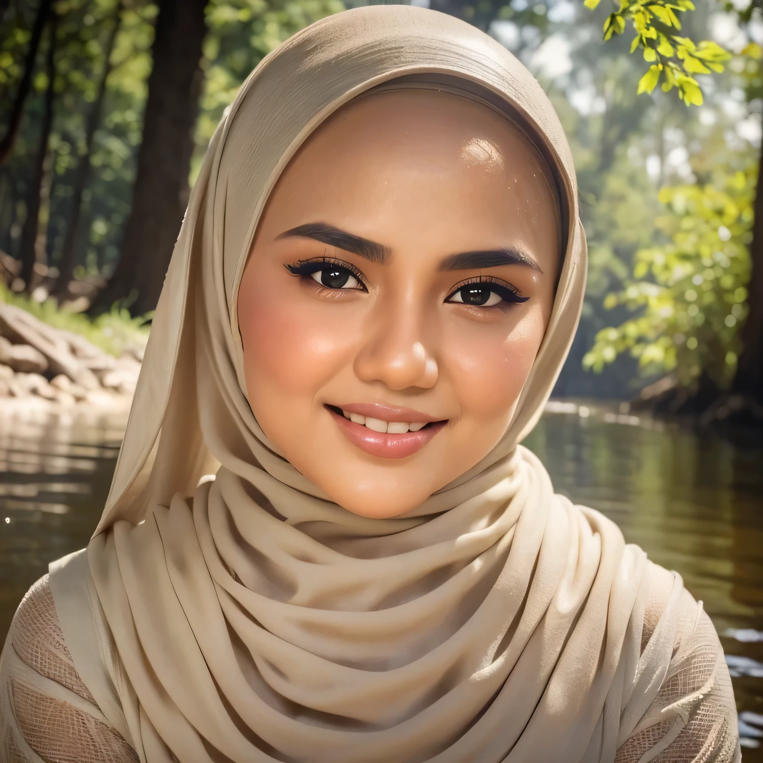 (2 Young Malay girls:1.3), Malay face, (hijabi sluty:1.4), (Details of a very beautiful face), Wear a headscarf in pastel colors, detail skin texture, (Best quality:1.4), 8K resolution, high resolution, (Photorealistic, high resolution:1.4), RAW photo, (Realistic, Photorealsitic:1.37), Gloss on lips, parted lip, Staring at me, nase, Realistic, the woods, Cinematic lighting, bathing in a river, Wet body, wet face,