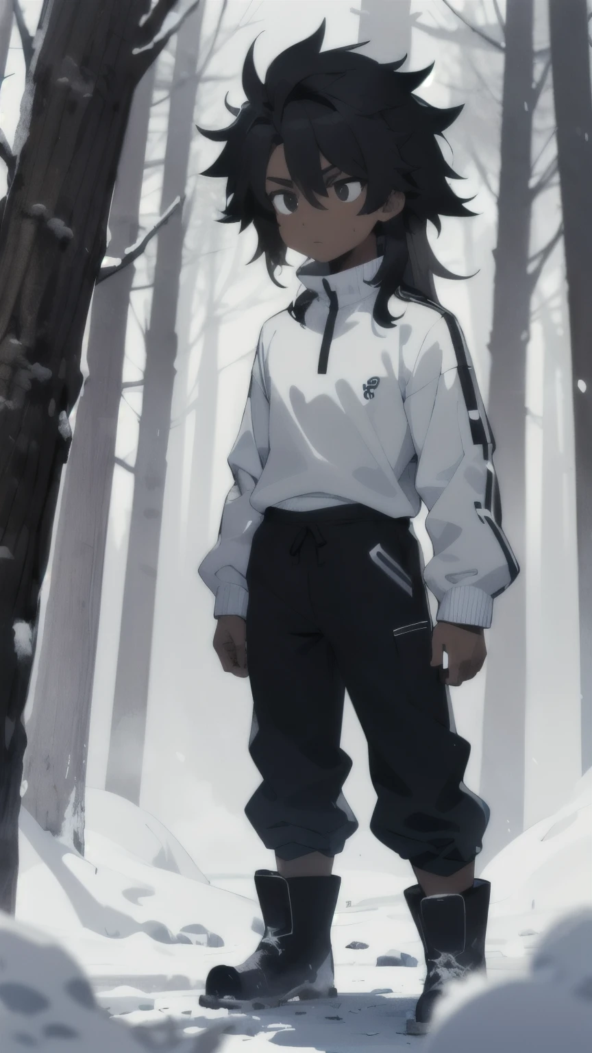 Adult Male, dark skin, black long hair, messy hair, black eyes, white long-sleeved high-neck blouse, white sweatpants, black snow boots, in a snowy forest