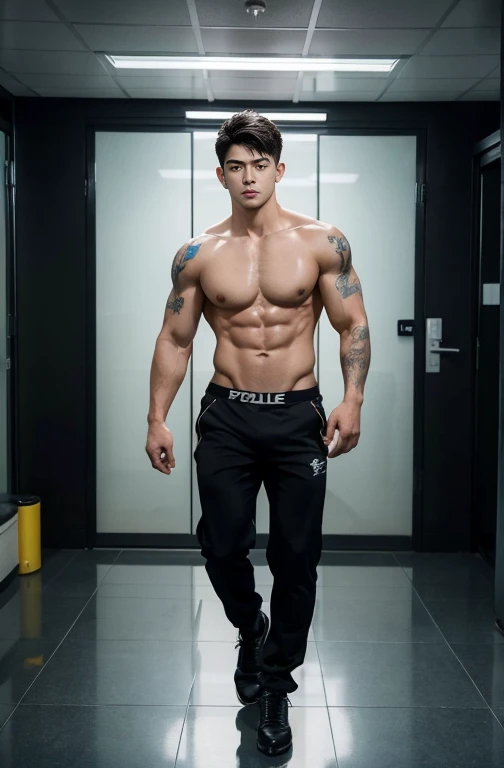 ung handsome guy,20-22 years old,super realistic, super detailed, human skin, mess curly hair, police officers,Interpol,Police Department,perfect studio light, Handsome,musculous,strong sport body, lean muscles, hairy bodies,handcuff, sexy police uniforms(Fine eye 1:3),Black eyes,full bodyesbian, full body tattoo, muscles, Inspired by Bian Shoumin, Inspired by Xiao Yuncong, yihao ren, yanjun cheng, jinyiwei, inspired by Huang Gongwang, xintong chen, naked body, big chest abs, bare butts, nice juicy butts, see the dick, sexy thong, nice shape bulge, open legs, police office background,