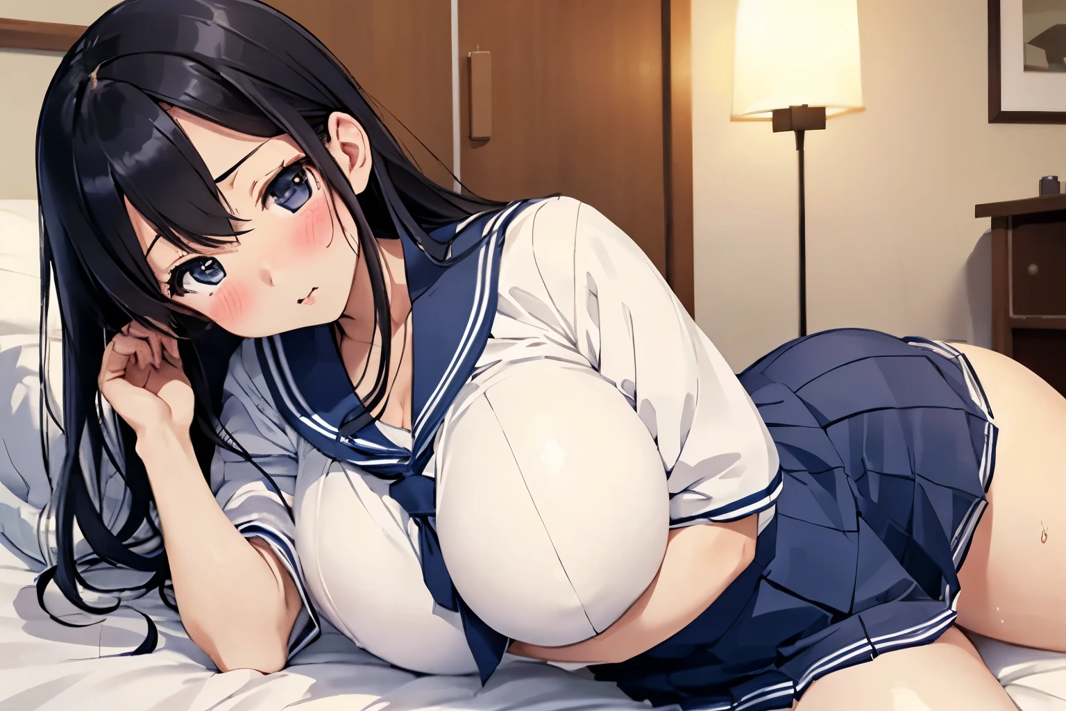 beautiful girl、high school girl、Black Hair、Shy expression、blush、Big breasted body type、Very huge bust、Very big hips、Japanese typical room、Sweat、Sigh、Navy blue sailor suit、、Short pleated skirt、Erotic、On the bed、White neat panties